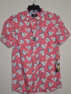 MT Pink Watermelon Slice SS Button-Up Shirt 100% Cotton
